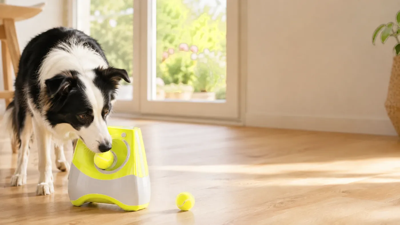 Un border collie dépose une balle dans l’ouverture avant du lanceur, dans un salon au parquet clair