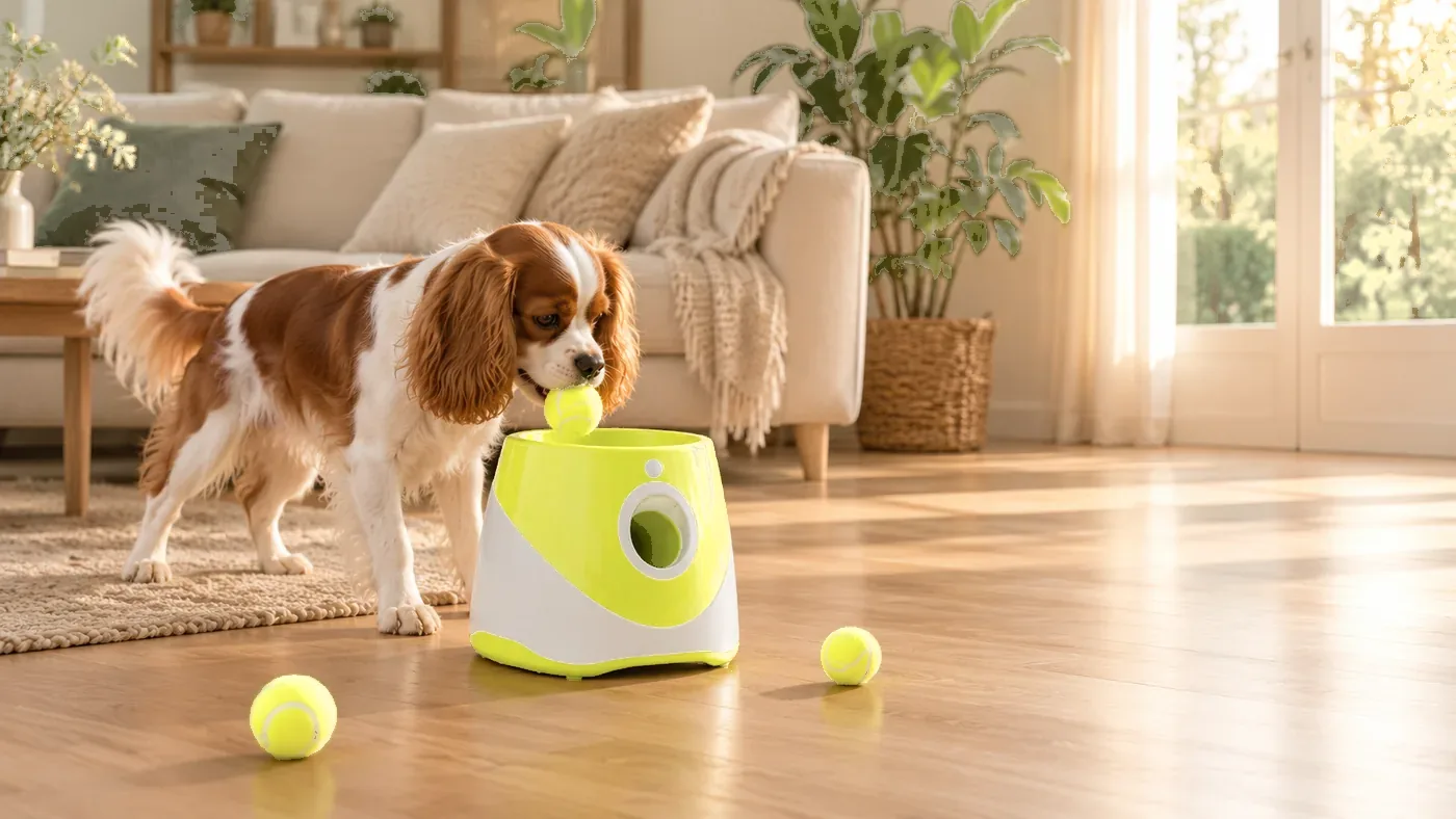Un cavalier king charles joue seul avec le lanceur posé sur le parquet d’un salon, sans personne pour lancer