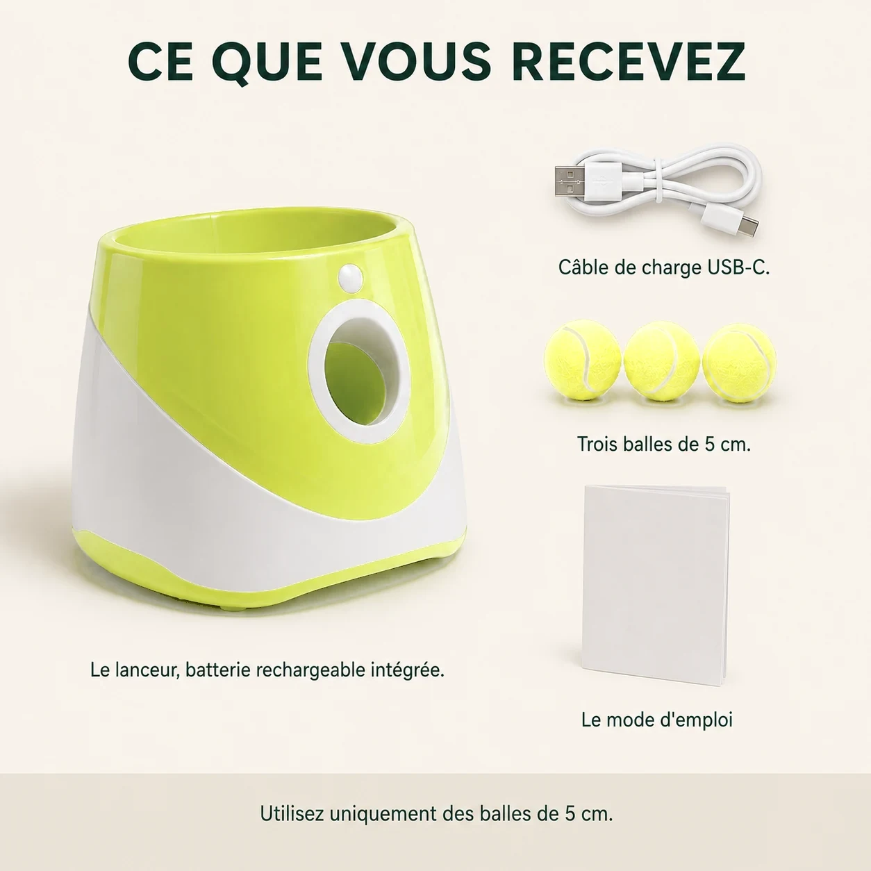 Le contenu du colis : le lanceur, le câble de charge USB-C, les trois balles de 5 cm et le mode d’emploi