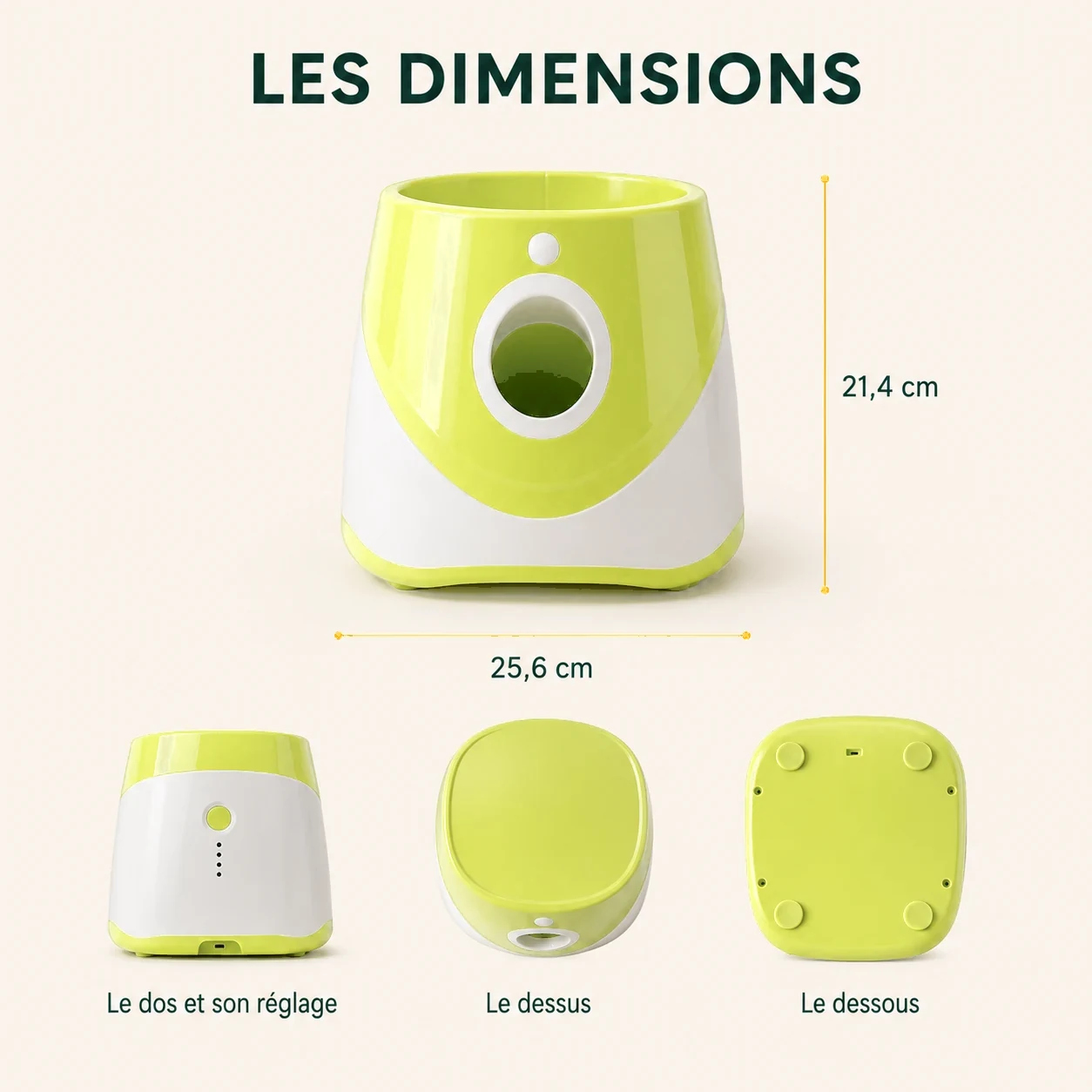 Les cotes du lanceur : 25,6 cm de large sur 21,4 cm de haut, avec les vues du dos, du dessus et du dessous