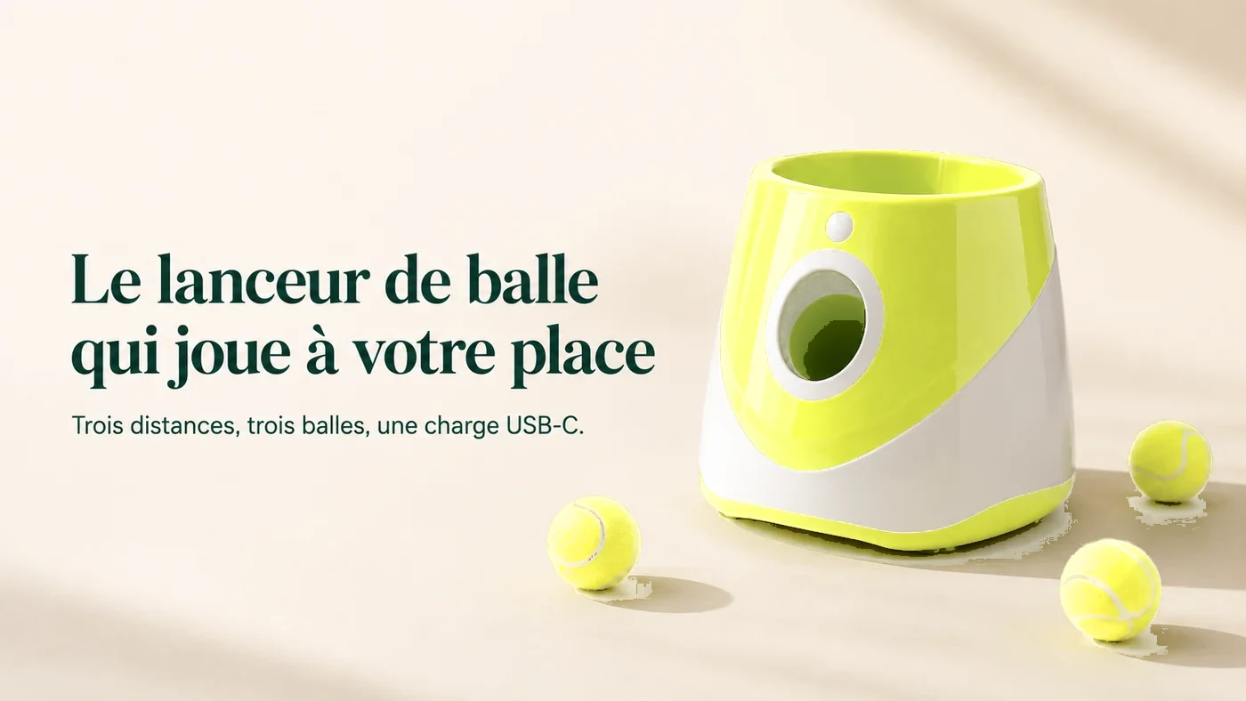 Le lanceur de balle automatique posé sur un fond clair avec trois balles, sous le titre « Le lanceur de balle qui joue à votre place »
