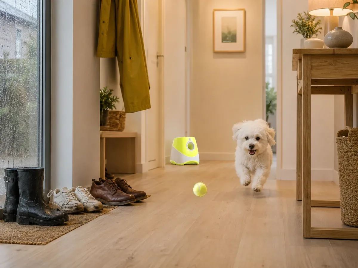 Un bichon court après une balle dans le couloir d’un appartement un jour de pluie, imperméable suspendu à l’entrée