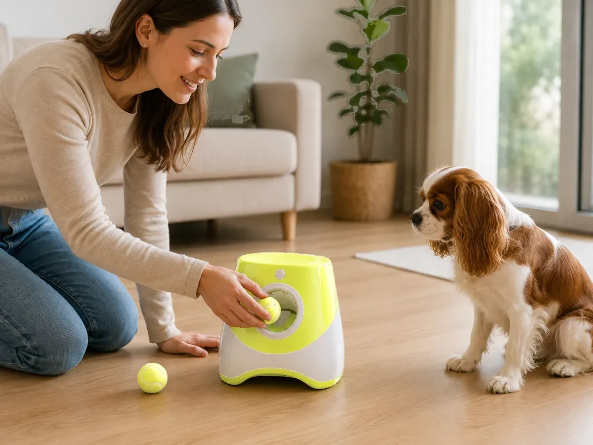 Une femme agenouillée place une balle dans l’ouverture avant du lanceur devant un jeune chien attentif