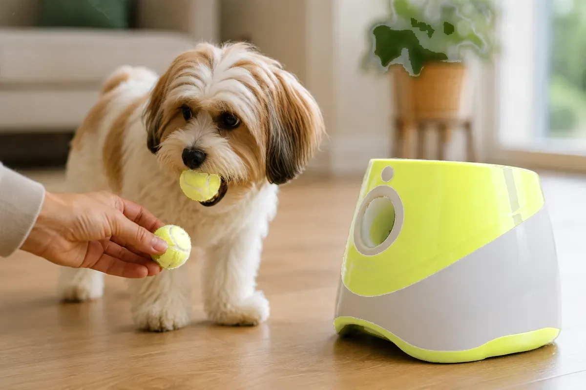 Une main présente une deuxième balle à un petit chien qui tient déjà la première dans sa gueule