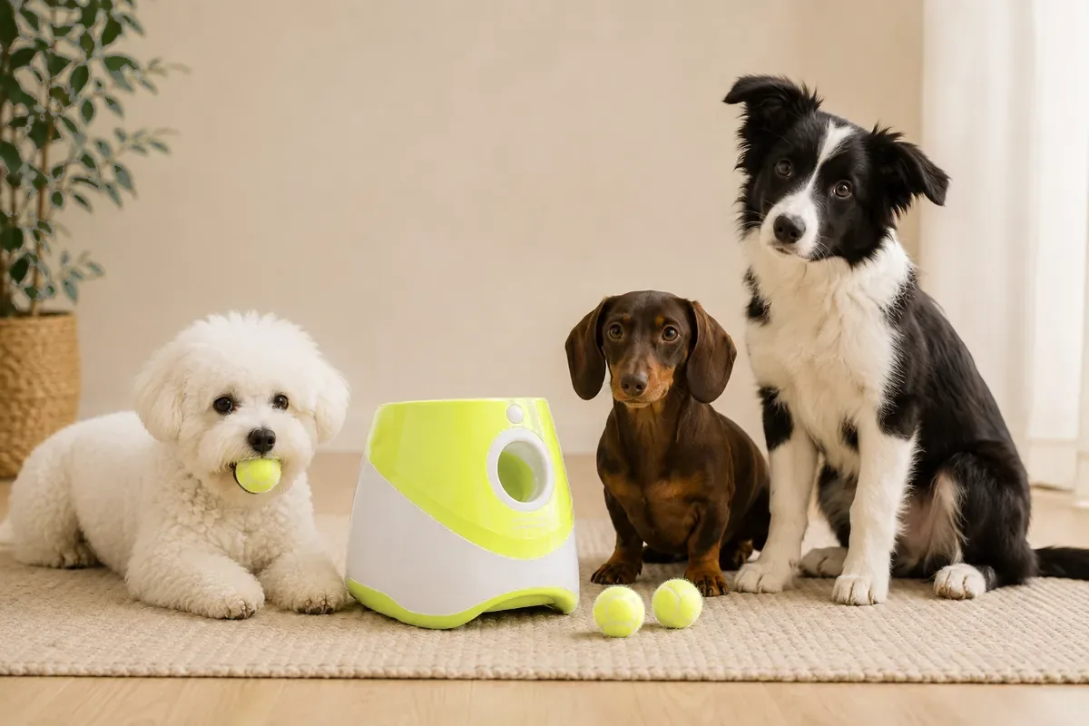 Le lanceur entouré d’un bichon, d’un teckel et d’un jeune border collie, qui montrent son gabarit