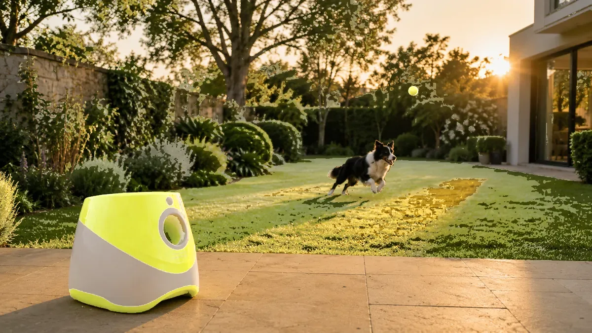 Le lanceur envoie une balle à travers un jardin, un border collie court après