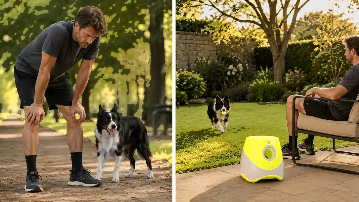 À gauche un maître fatigué après de nombreux lancers, à droite son chien continue de courir avec le lanceur