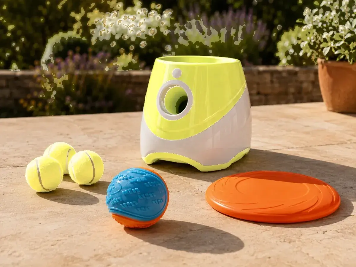 Le lanceur, trois balles jaunes, une balle texturée bleu et orange et un frisbee orange posés sur une terrasse claire