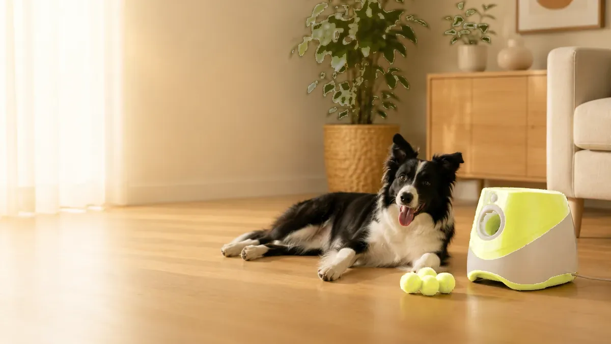 Un border collie couché et détendu après la séance, le lanceur et trois balles réunies devant lui