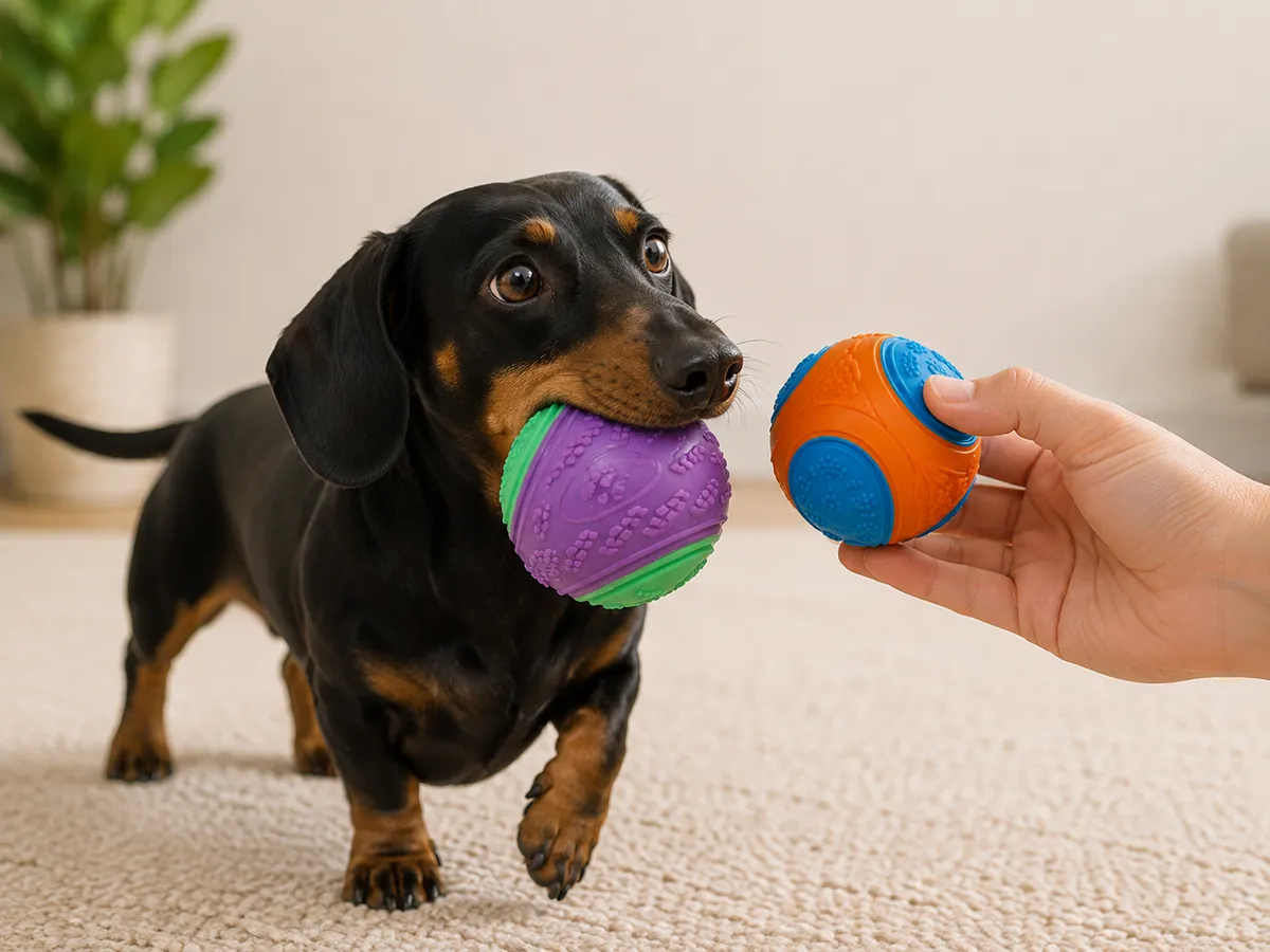 Un teckel tient la balle violette pendant que son maître lui présente la balle bleu et orange
