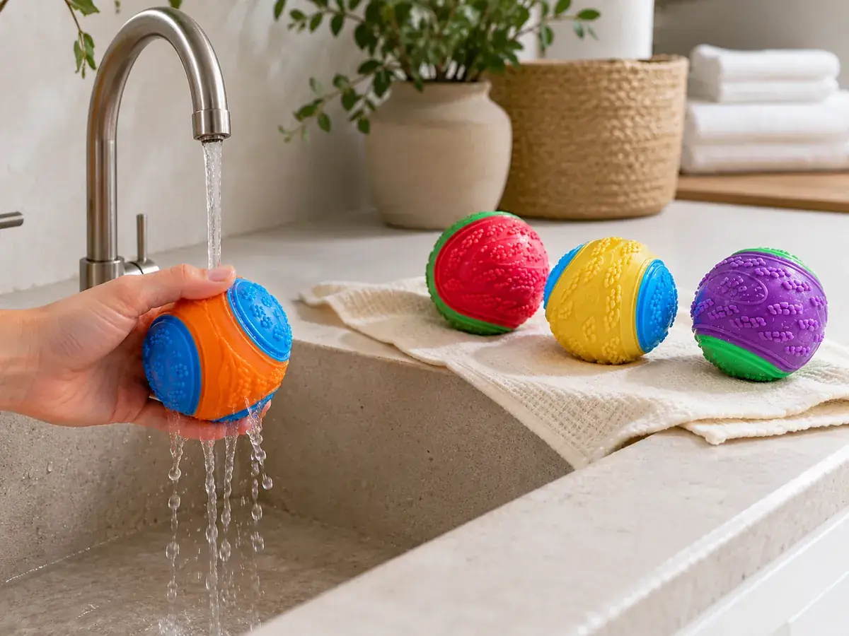 Une main rince une balle texturée sous un filet d’eau, les trois autres coloris égouttent sur une serviette
