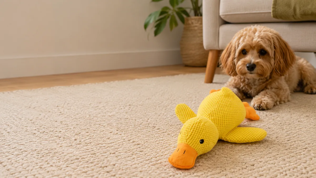Le canard jaune en tissu gaufré posé sur un tapis crème, un petit chien couché derrière lui