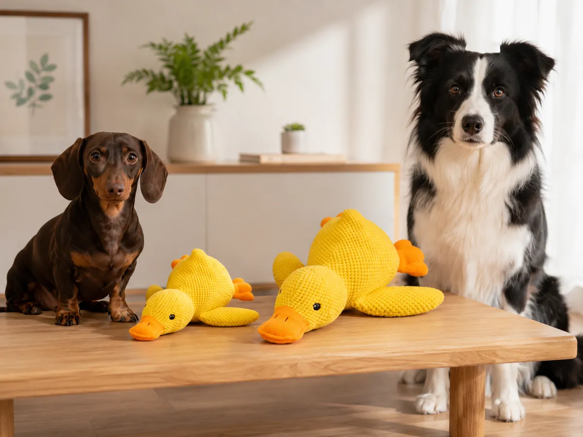 Plusieurs canards jaunes posés sur un banc en bois, un teckel et un border collie assis de part et d’autre