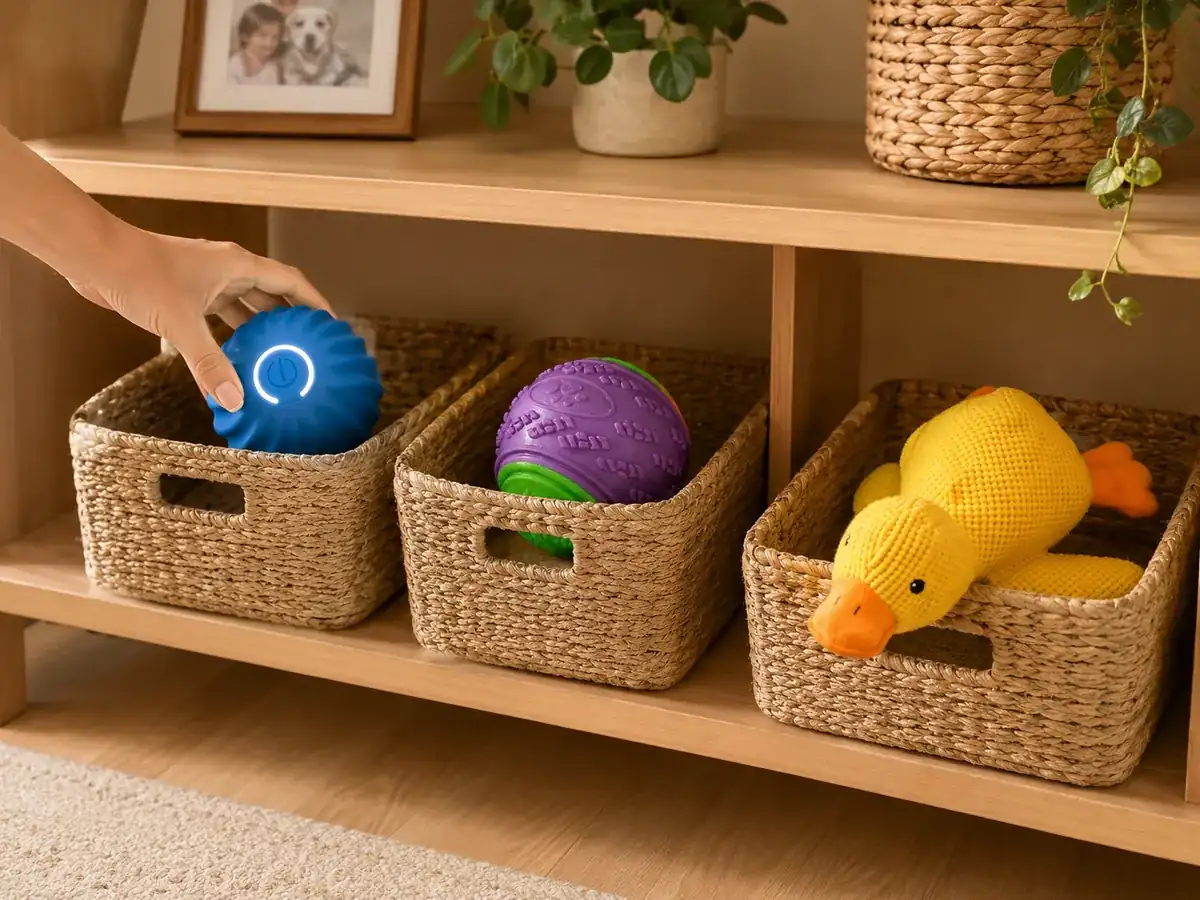 Trois paniers de rangement contenant la balle motorisée bleue, une balle texturée violette et le canard jaune