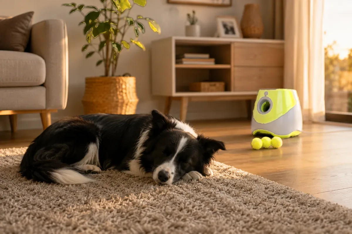 Un chien dort profondément sur un tapis, le lanceur éteint et ses trois balles derrière lui