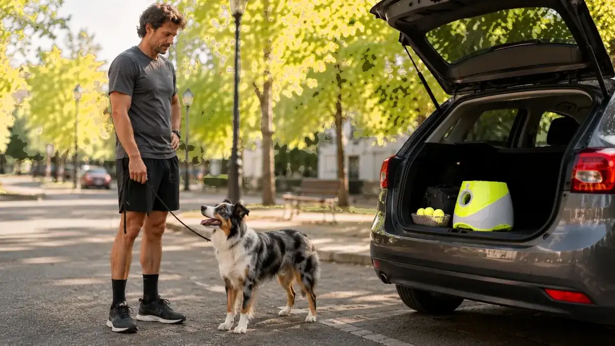 Retour de promenade dans un parc, le lanceur et ses balles attendent dans le coffre ouvert d’une voiture