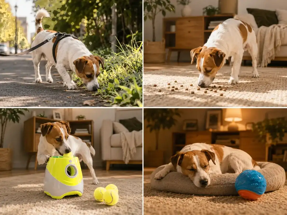 Quatre moments d’une même journée : promenade, recherche de croquettes, séance avec le lanceur, chien endormi