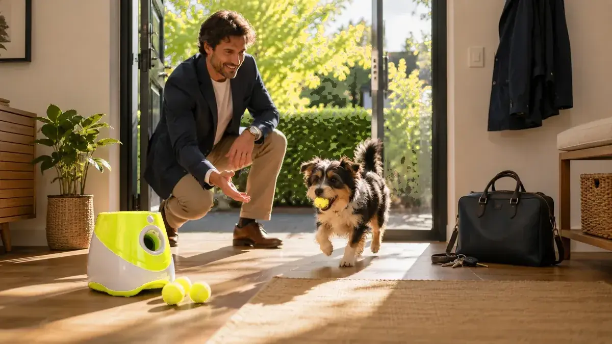 Un maître en tenue de ville termine une séance avec le lanceur avant de partir, son chien rapporte la balle
