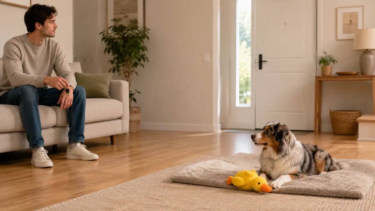 Un maître assis calmement sur le canapé, clés en main, son chien détendu sur son tapis près du canard jaune
