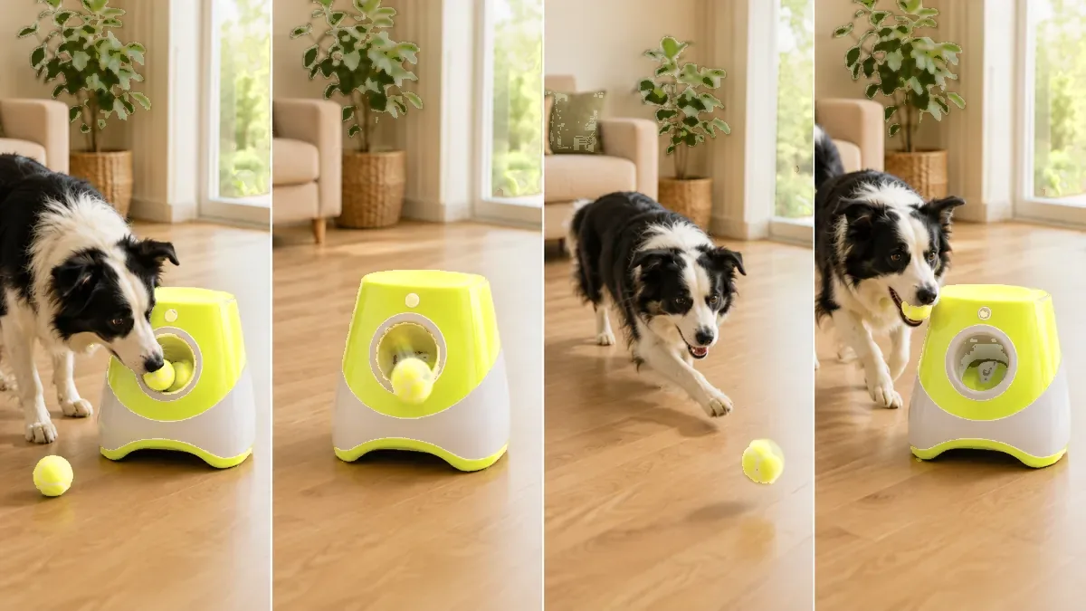 Quatre moments successifs : le chien dépose la balle dans l’ouverture avant, la balle repart, le chien court, il revient avec elle