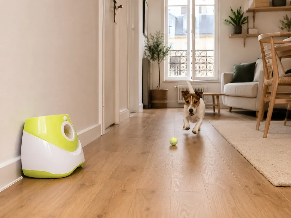 Le lanceur réglé au plus court dans un petit appartement, un jack russell court vers la balle le long du couloir