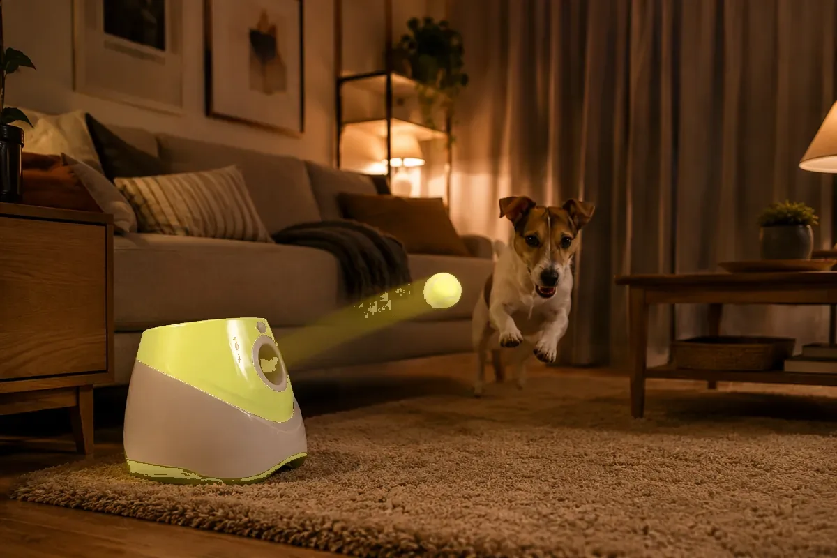 Une séance en fin de soirée dans un salon éclairé par des lampes chaudes, le chien suit la balle du regard