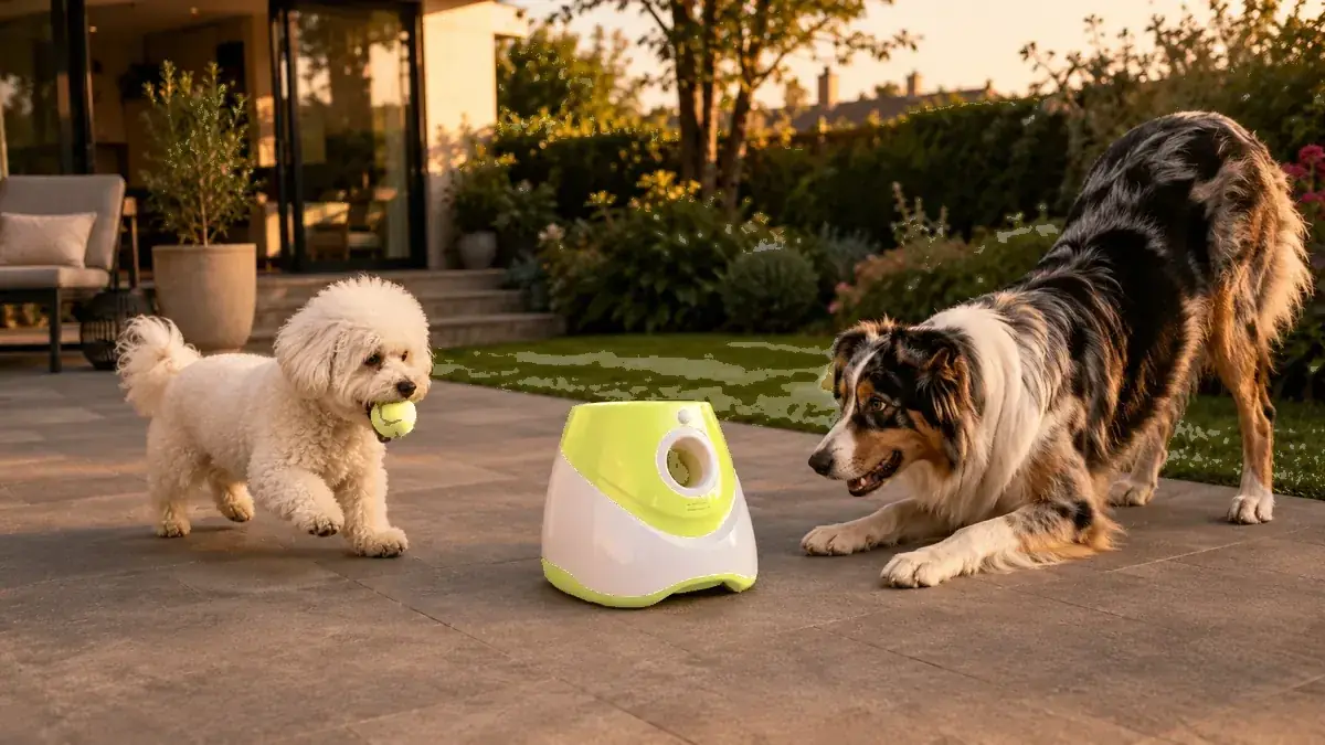 Un bichon et un berger australien jouent ensemble autour du lanceur sur une terrasse au coucher du soleil